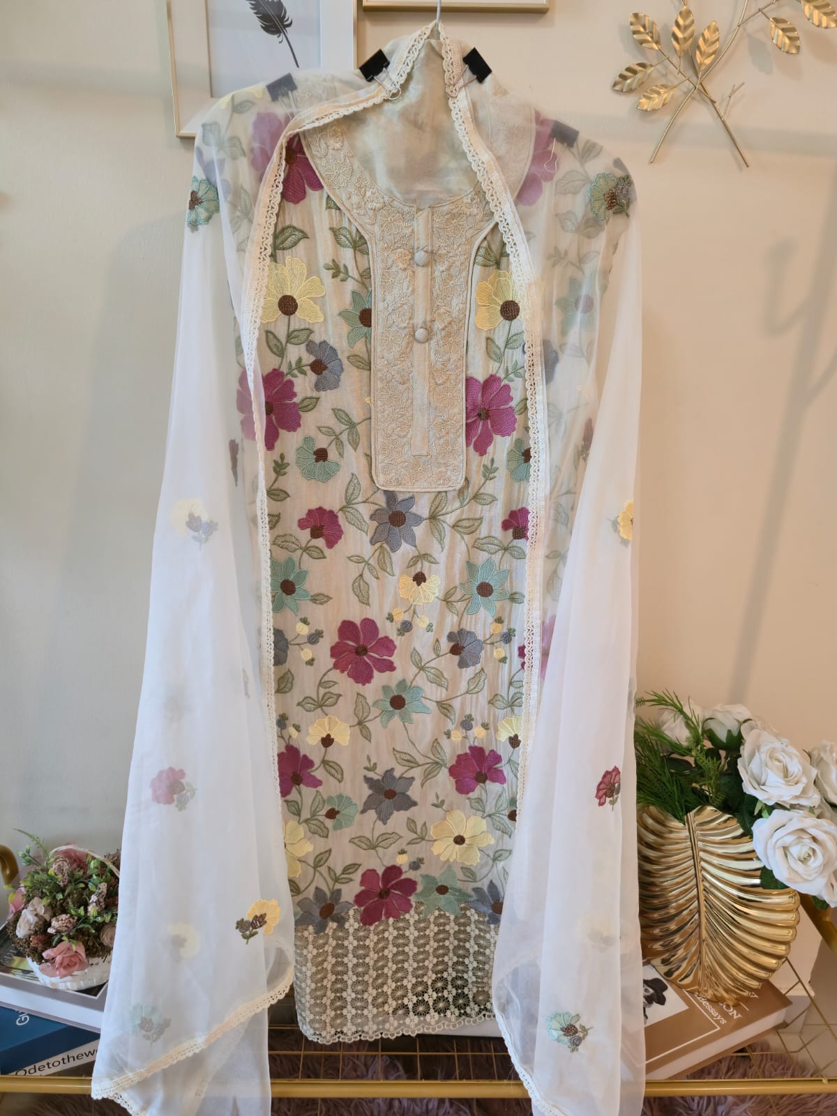 Ivory Shimmer Silk unstiched three peice suit with Multi-Floral Embroidery