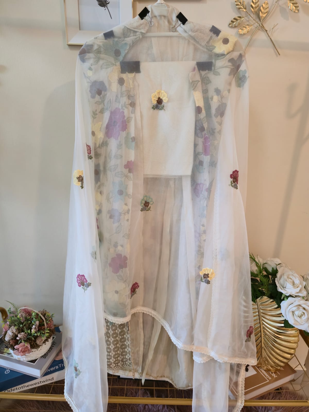 Ivory Shimmer Silk unstiched three peice suit with Multi-Floral Embroidery - Image 3