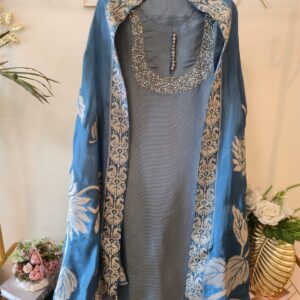 Rich grey blue Upada Silk unstiched three peice Suit.