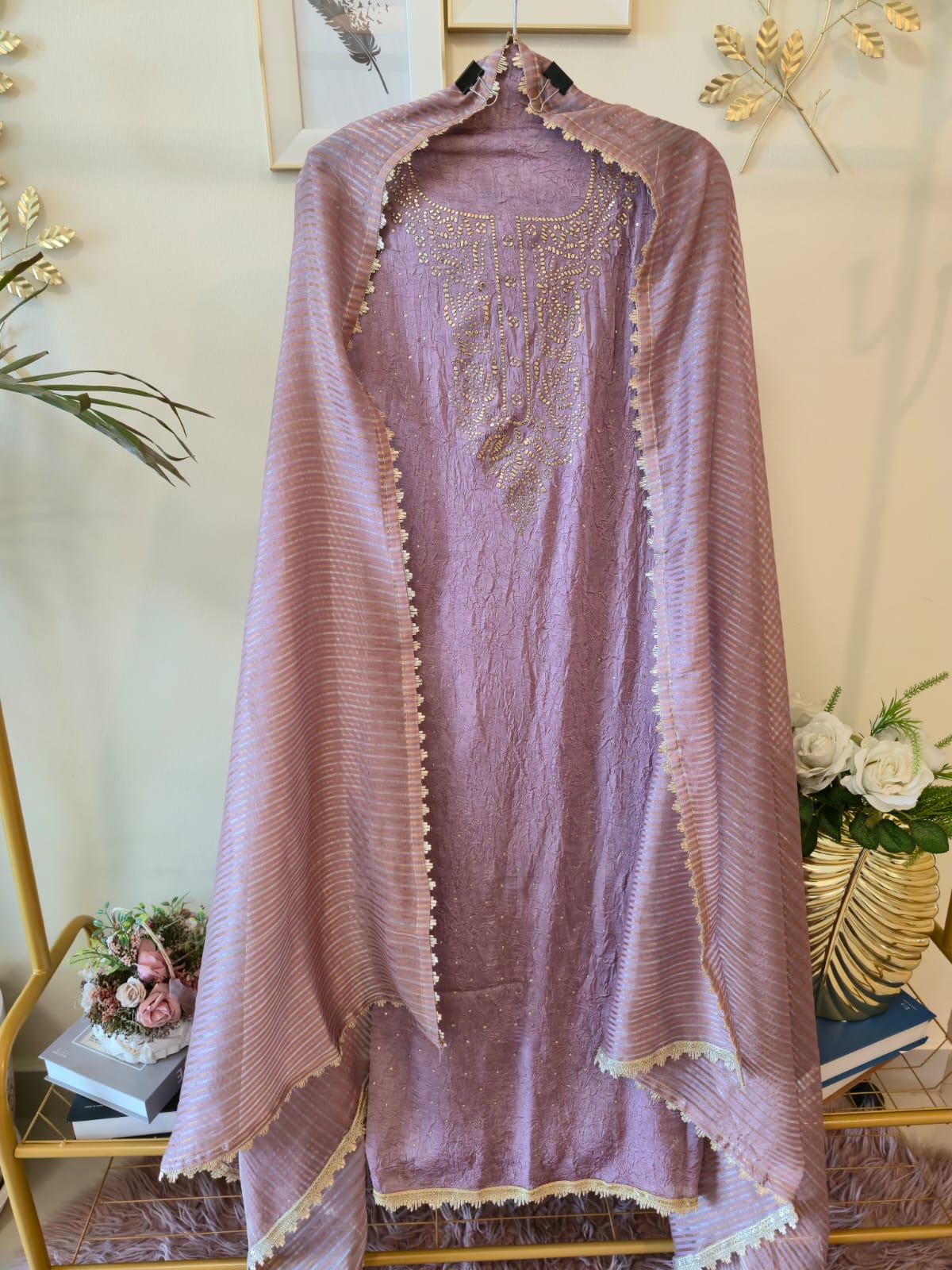 Lavender Dreams Hand-Embellished Crushed Chiffon unstiched three peice Suit Set. - Image 2