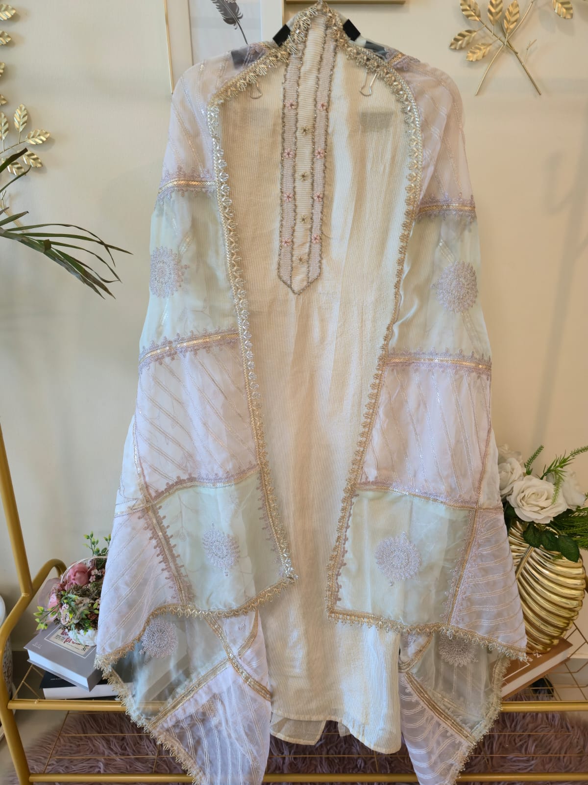Ivory Luminous cotton Shimmer Silk unstiched three peice suit Ensemble with Patchwork Dupatta