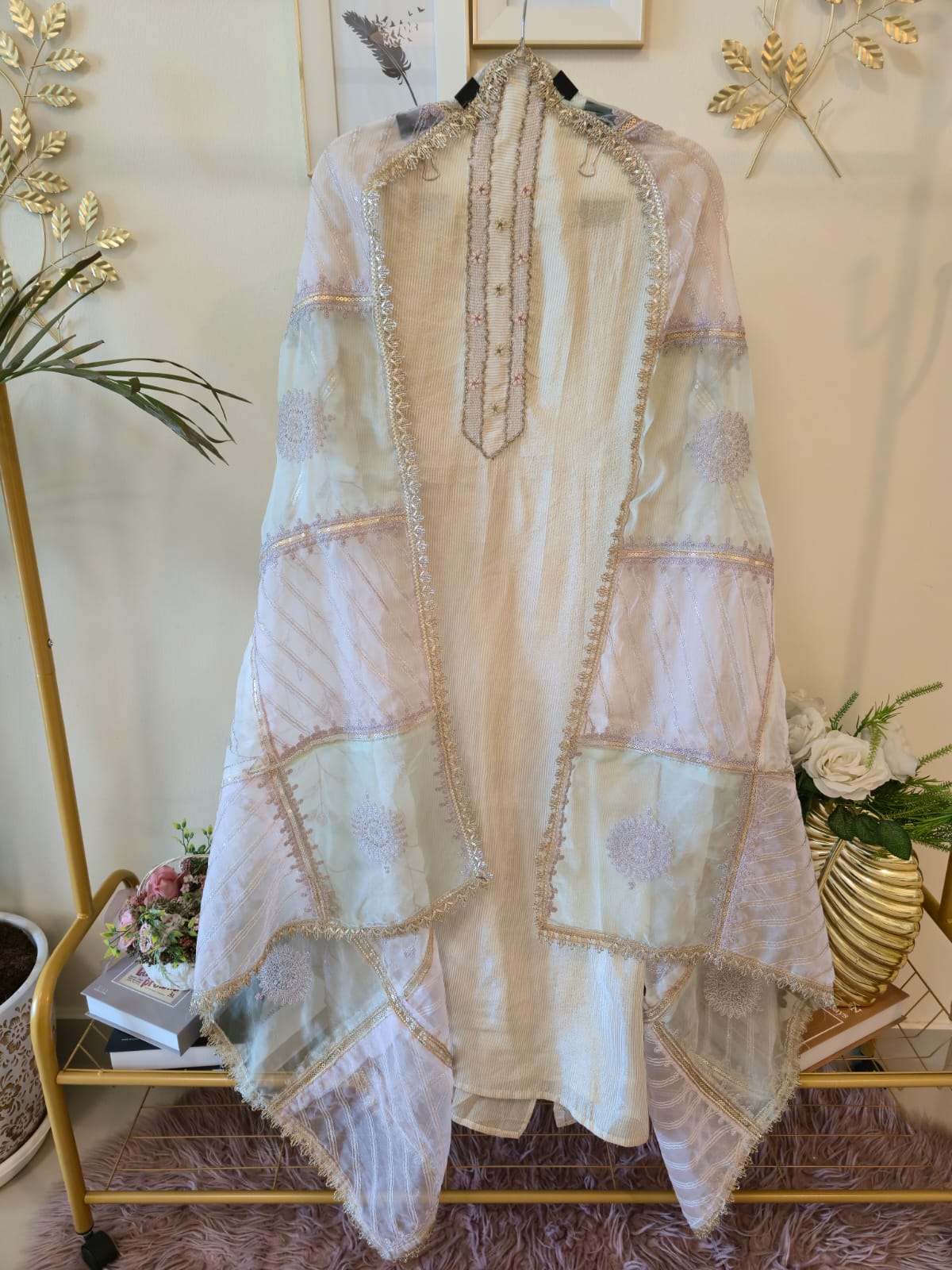 Ivory Luminous cotton Shimmer Silk unstiched three peice suit Ensemble with Patchwork Dupatta - Image 6