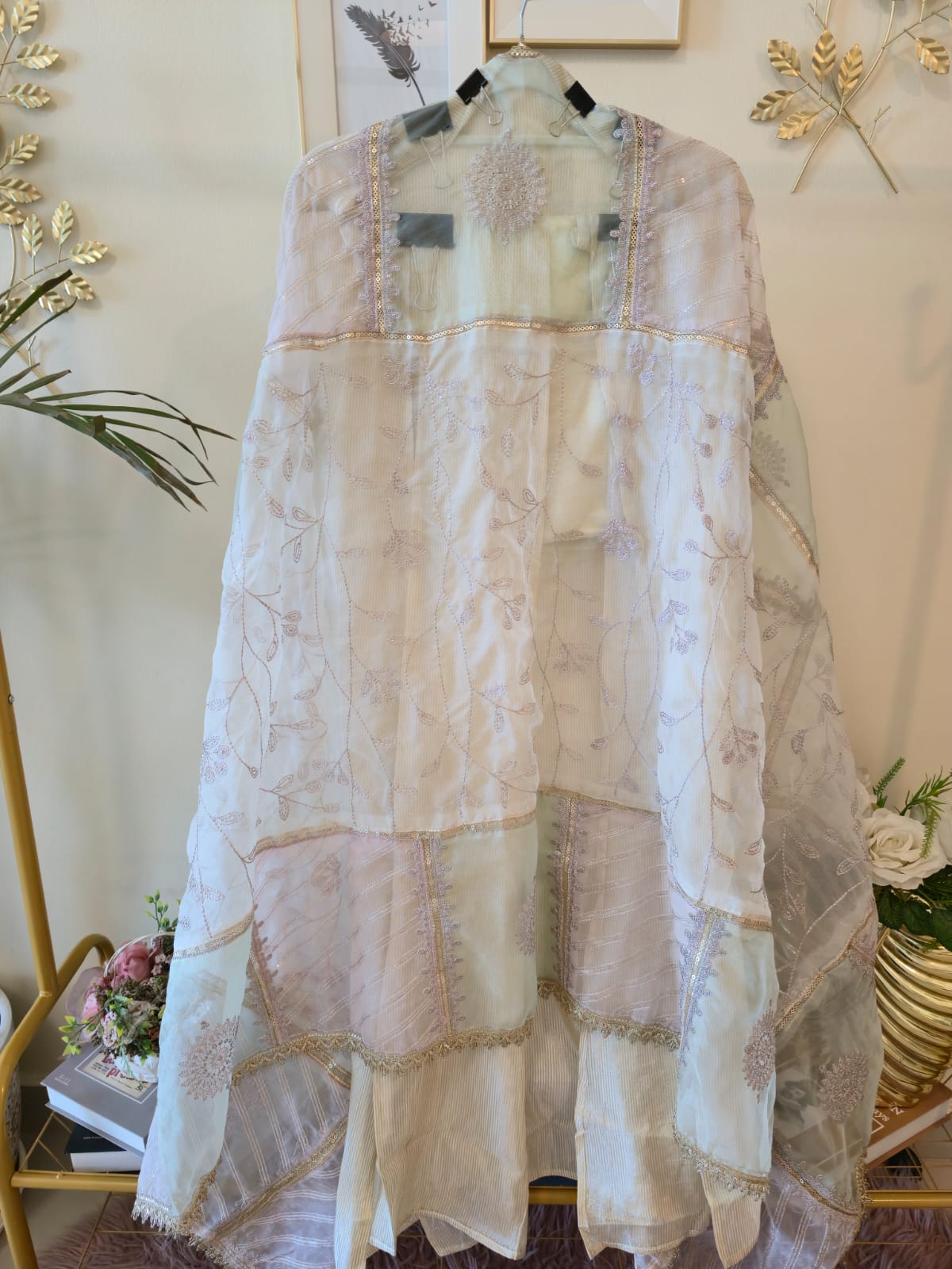 Ivory Luminous cotton Shimmer Silk unstiched three peice suit Ensemble with Patchwork Dupatta - Image 3