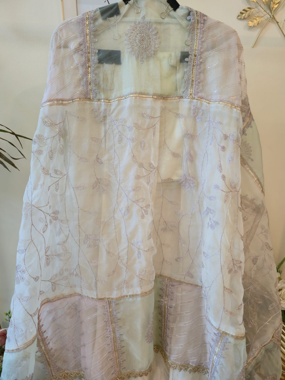 Ivory Luminous cotton Shimmer Silk unstiched three peice suit Ensemble with Patchwork Dupatta - Image 2