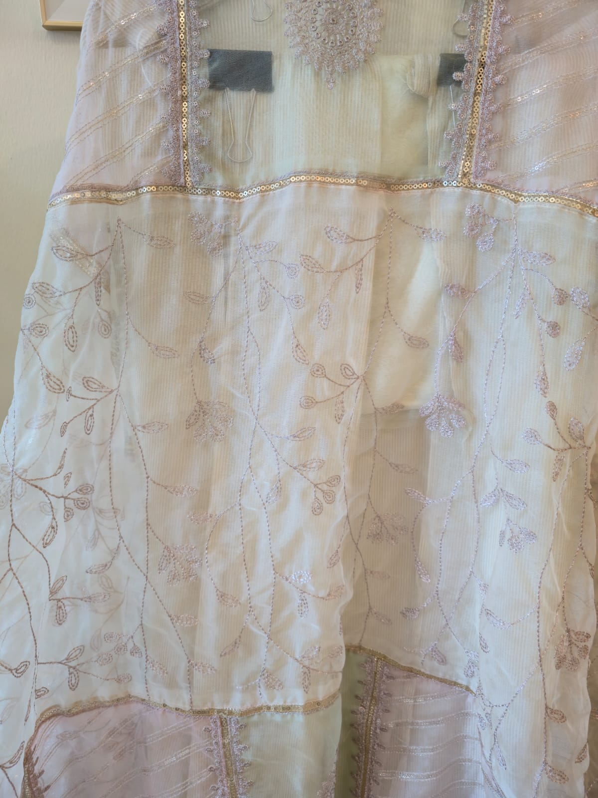 Ivory Luminous cotton Shimmer Silk unstiched three peice suit Ensemble with Patchwork Dupatta - Image 5
