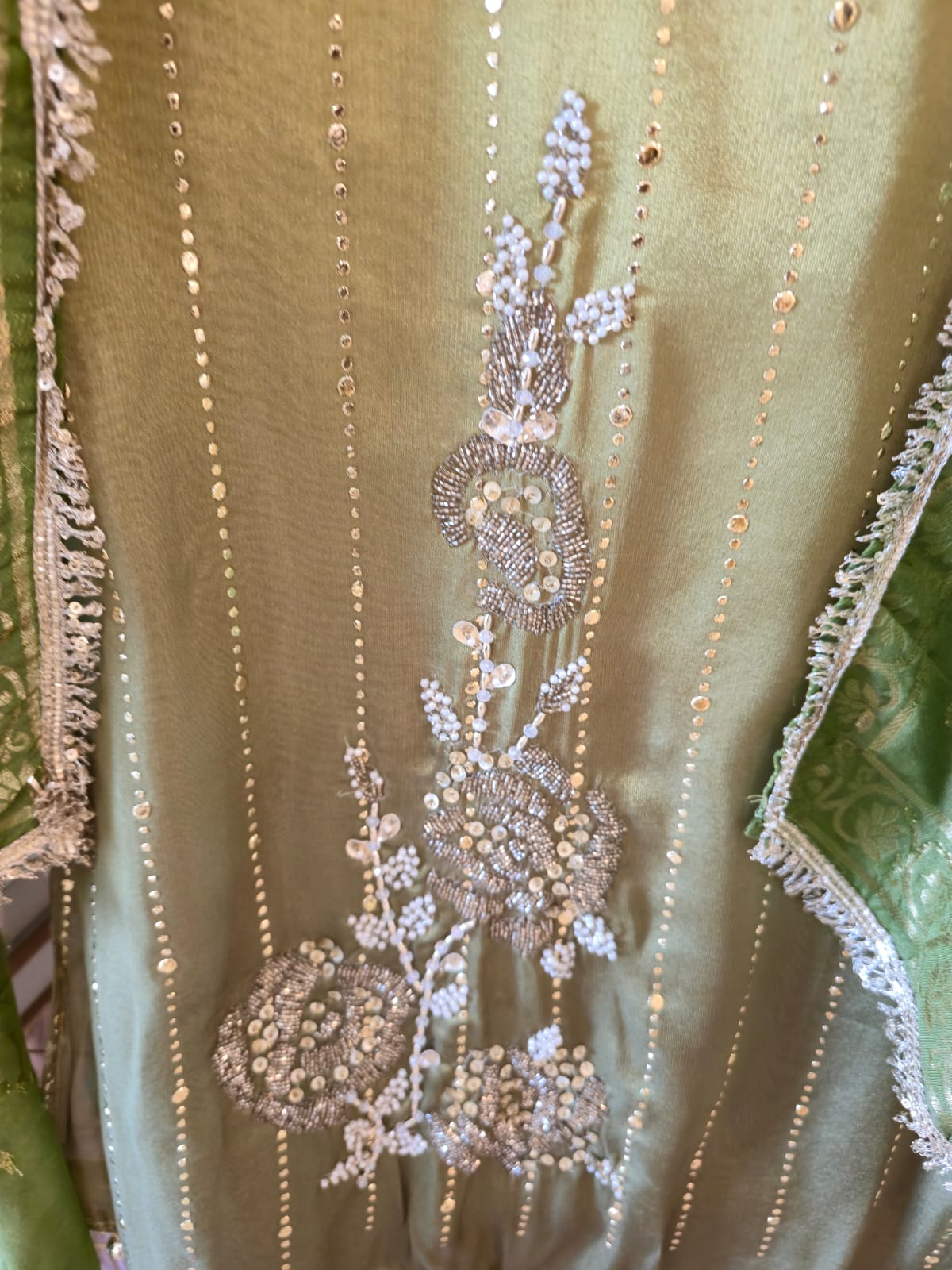 Lime & Forest Green Ombre Pure Georgette Nalki Hand-Embellished unstiched three peice suit - Image 3
