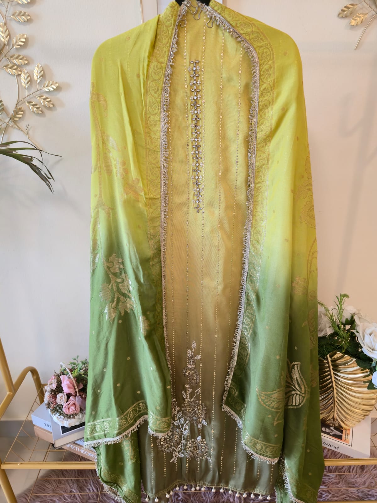 Lime & Forest Green Ombre Pure Georgette Nalki Hand-Embellished unstiched three peice suit - Image 2
