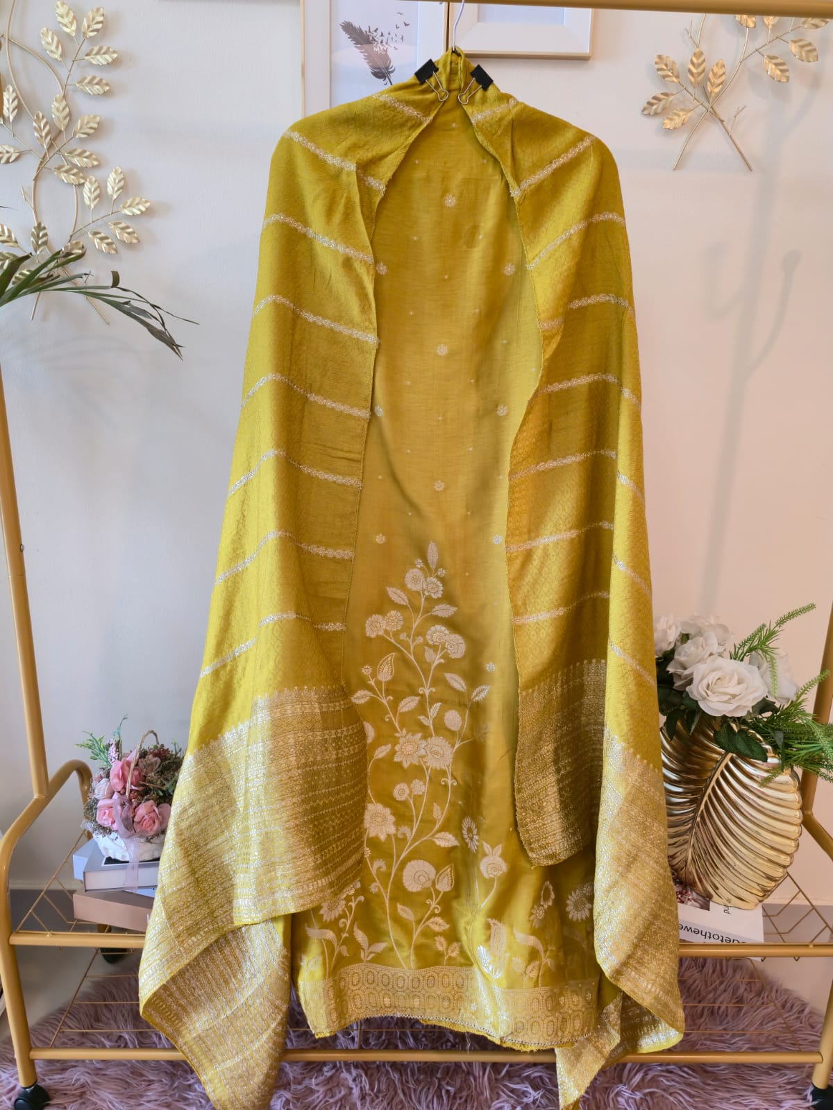 Chartreuse Blossom lime green Pure Georgette unstiched three peice Hand-Embroidered Suit.