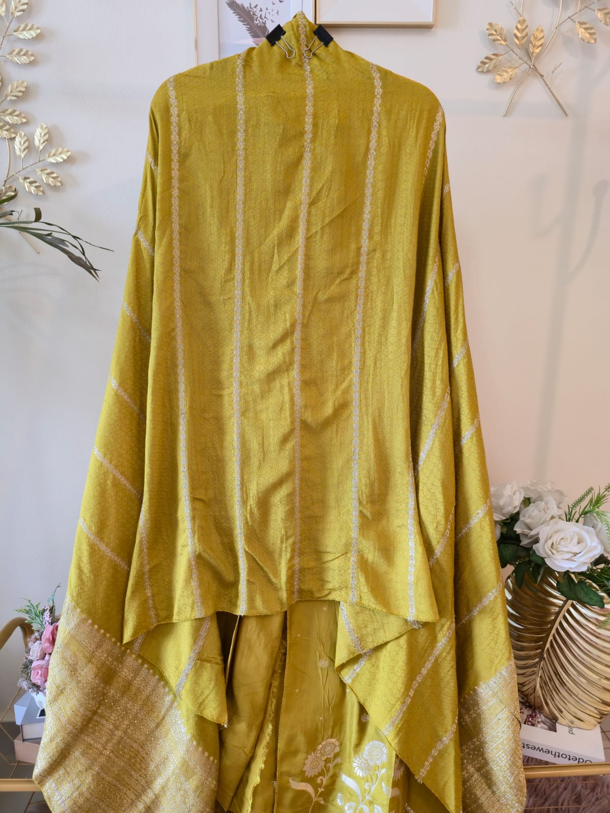 Chartreuse Blossom lime green Pure Georgette unstiched three peice Hand-Embroidered Suit. - Image 2