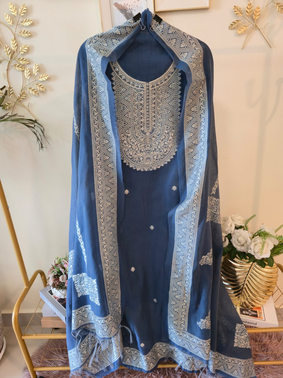 Indigo Blue Pure Linen Jamdani Unstiched three peice Suit Set. - Image 3