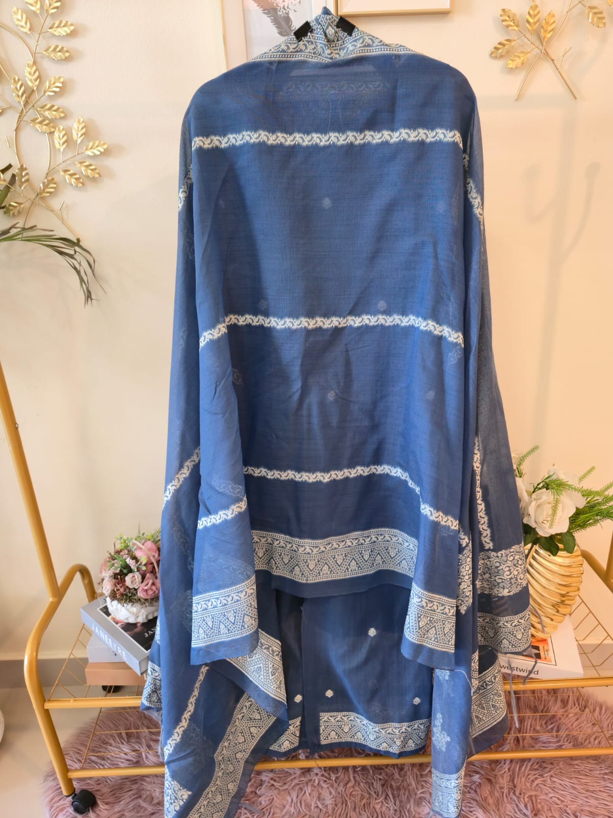 Indigo Blue Pure Linen Jamdani Unstiched three peice Suit Set. - Image 2