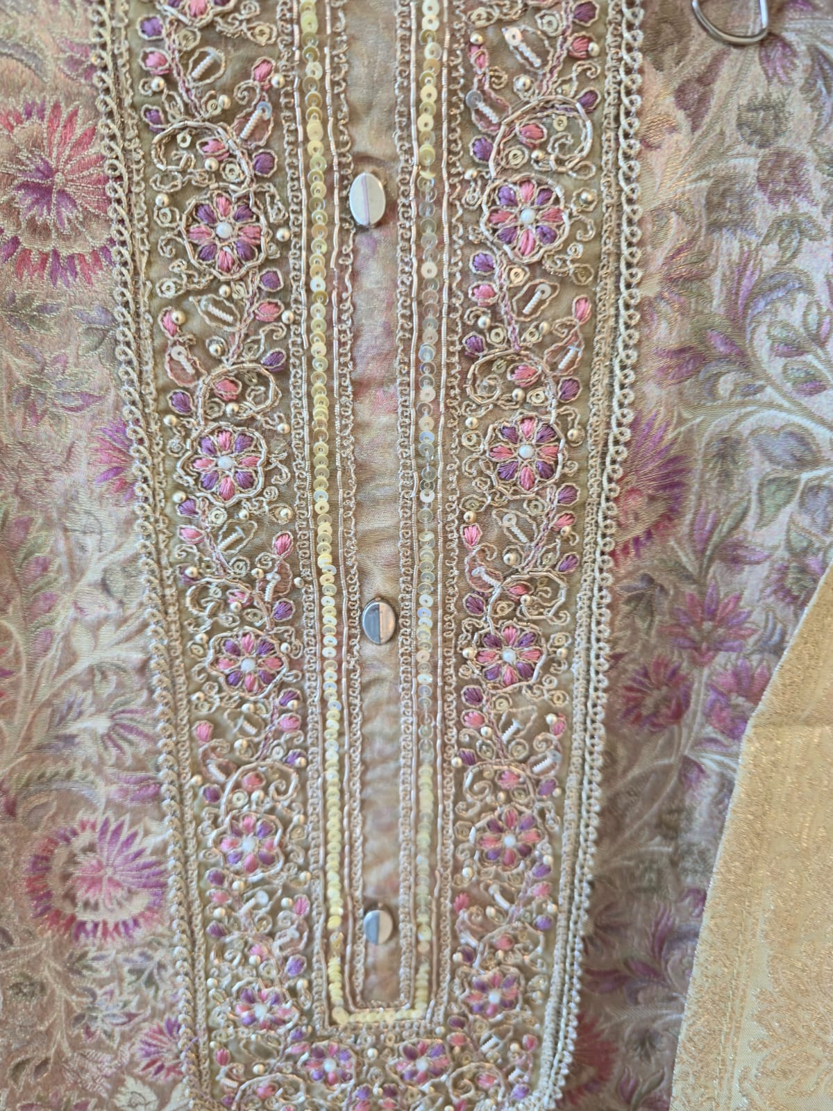 Elegant Beige & Pink Banarasi Silk unstiched three peice Suit with Intricate Neck Embroidery Heritage weave. - Image 5
