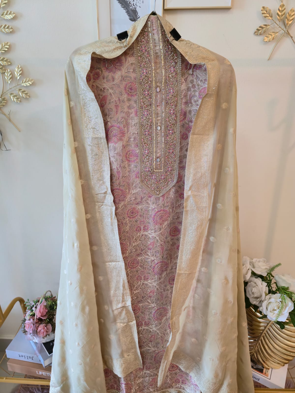Elegant Beige & Pink Banarasi Silk unstiched three peice Suit with Intricate Neck Embroidery Heritage weave. - Image 4