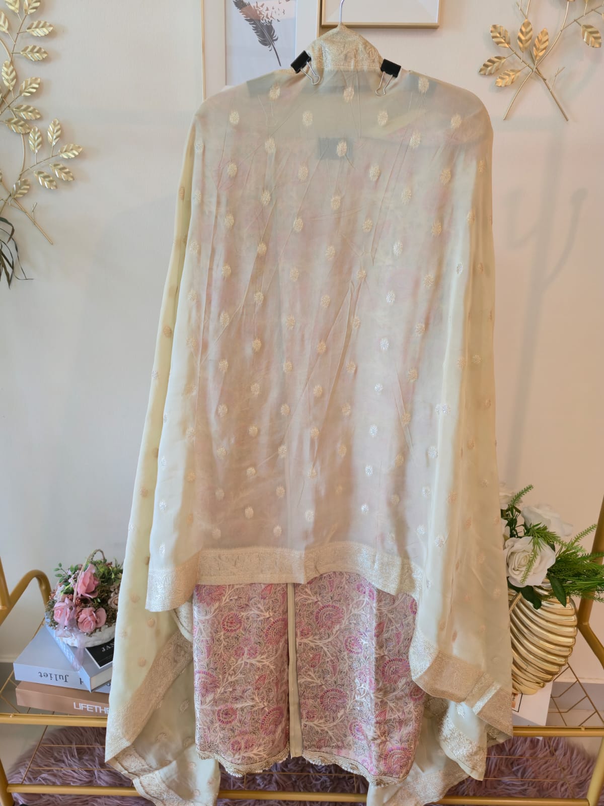 Elegant Beige & Pink Banarasi Silk unstiched three peice Suit with Intricate Neck Embroidery Heritage weave. - Image 3