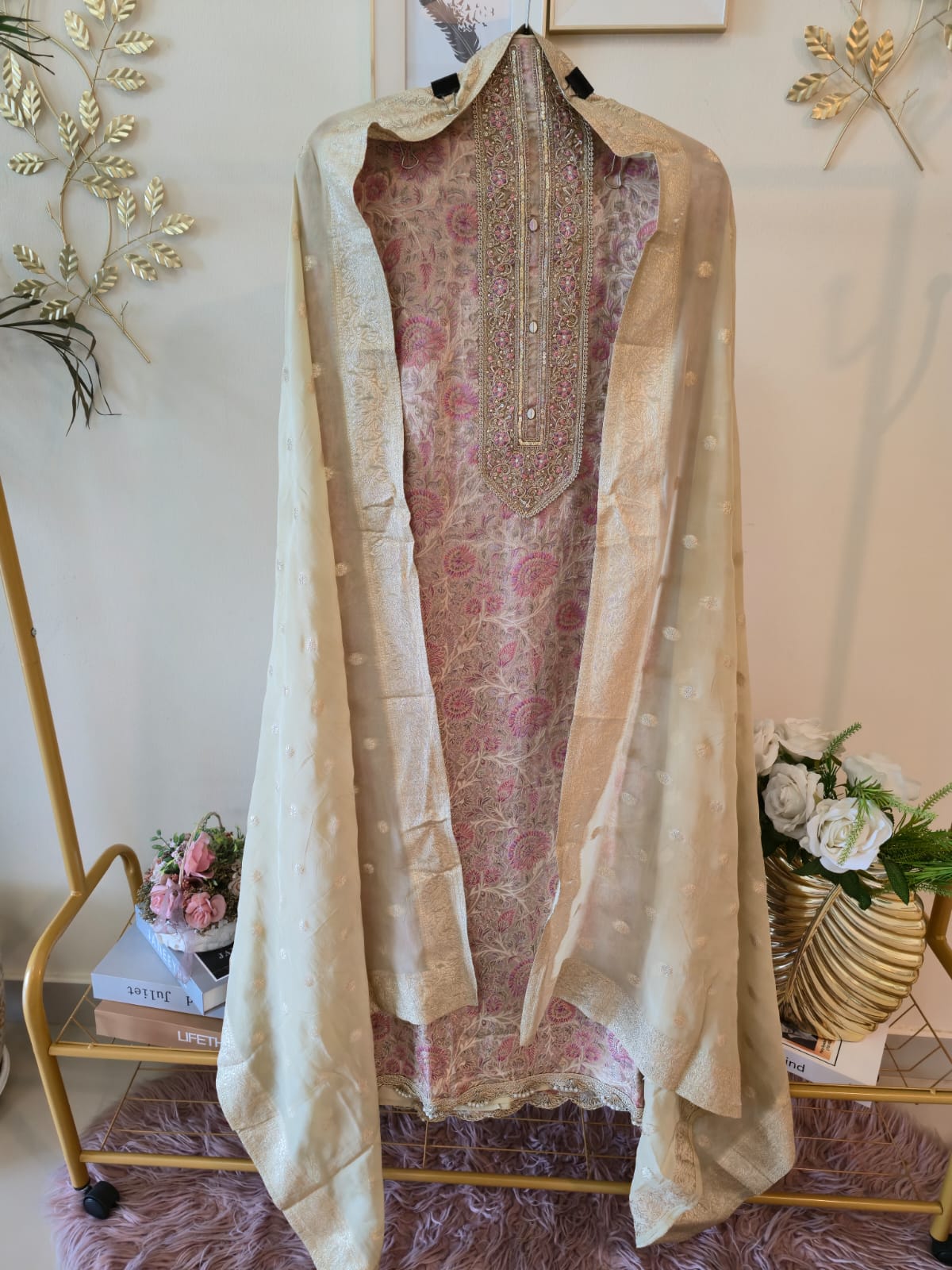 Elegant Beige & Pink Banarasi Silk unstiched three peice Suit with Intricate Neck Embroidery Heritage weave.
