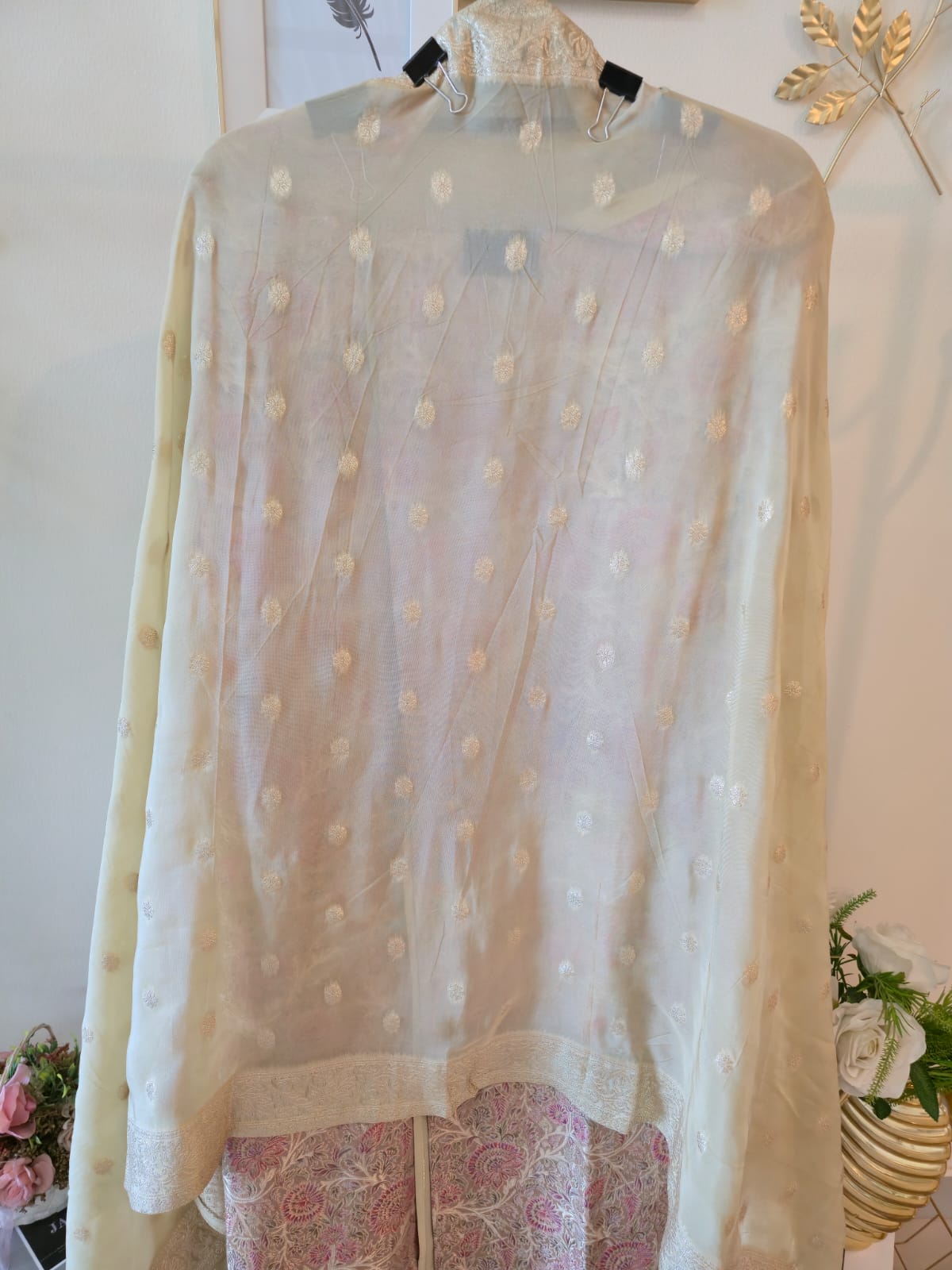 Elegant Beige & Pink Banarasi Silk unstiched three peice Suit with Intricate Neck Embroidery Heritage weave. - Image 2