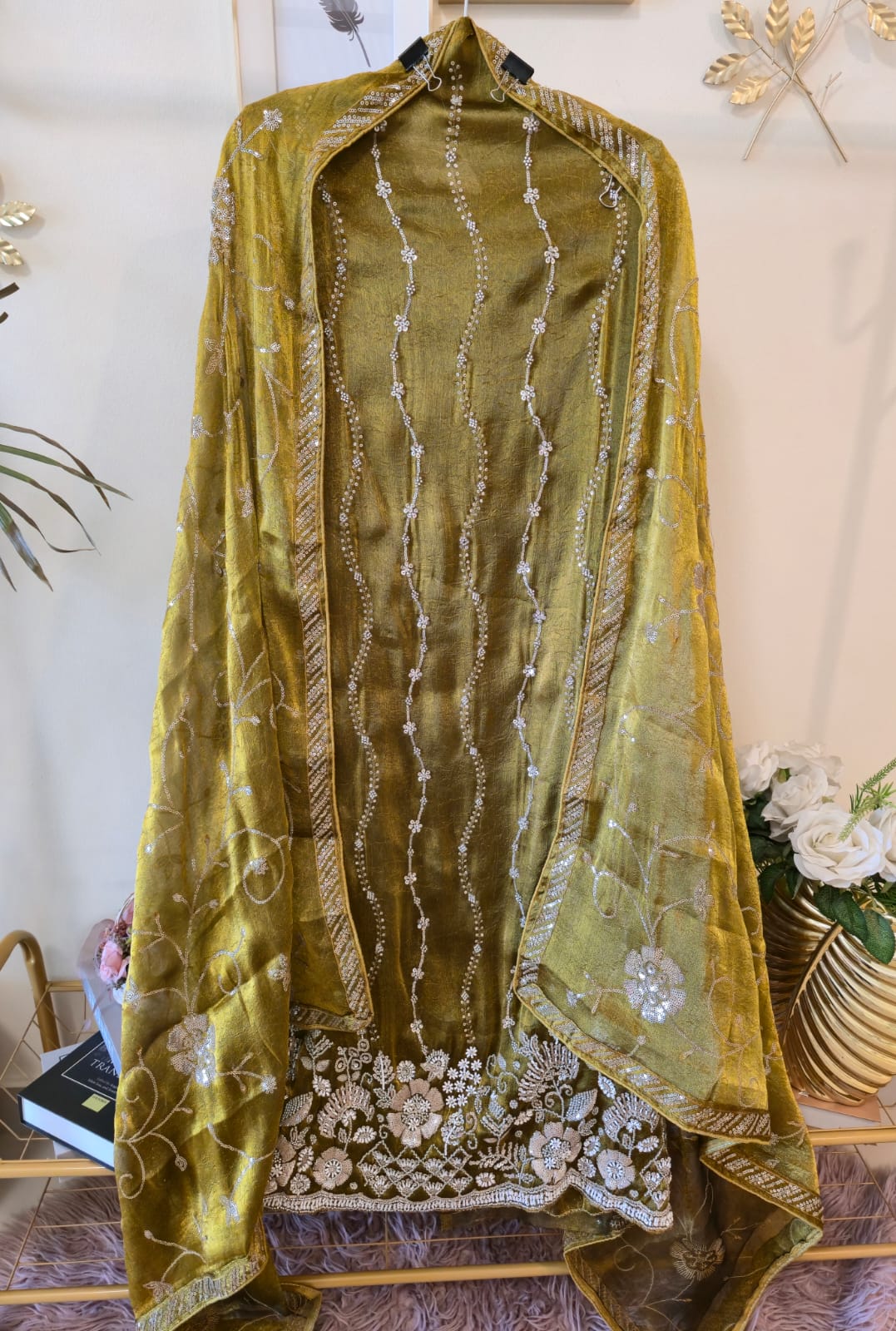 Mustard Gold Elegant viscouse soft Tissue unstich three peice suit - Image 6