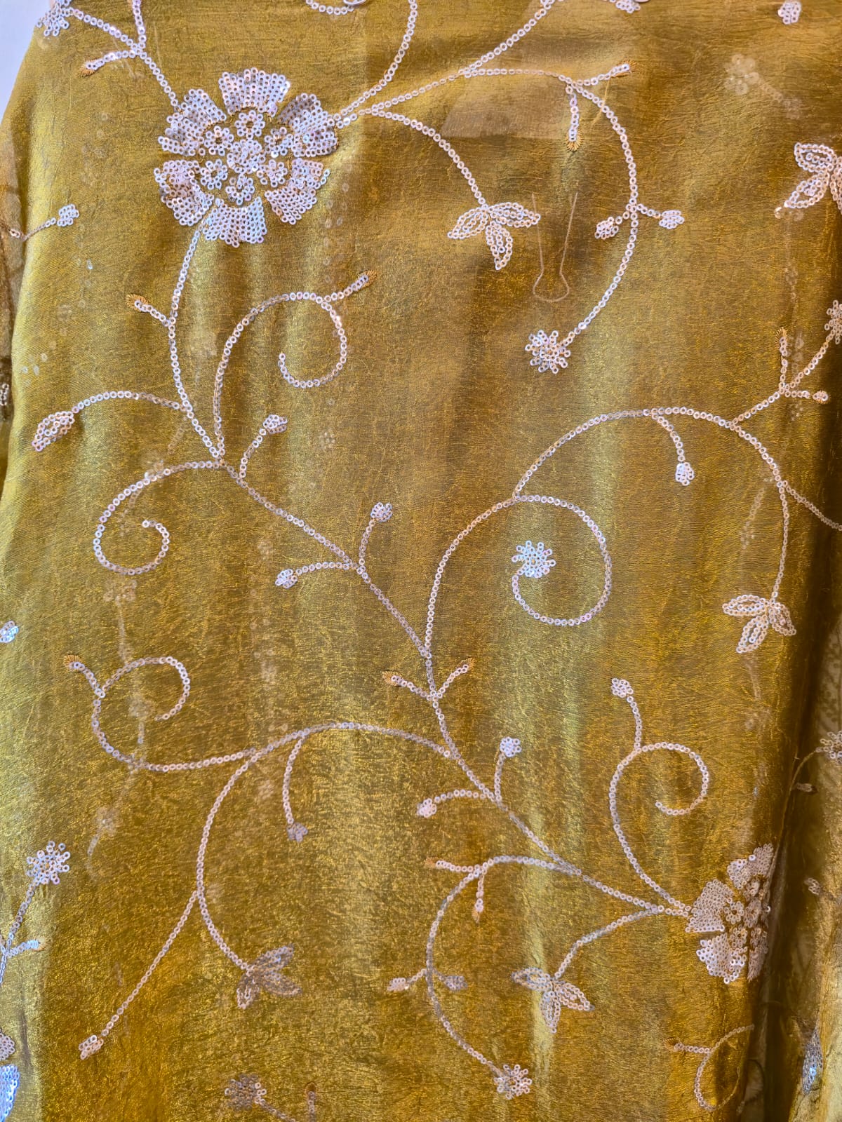 Mustard Gold Elegant viscouse soft Tissue unstich three peice suit - Image 4
