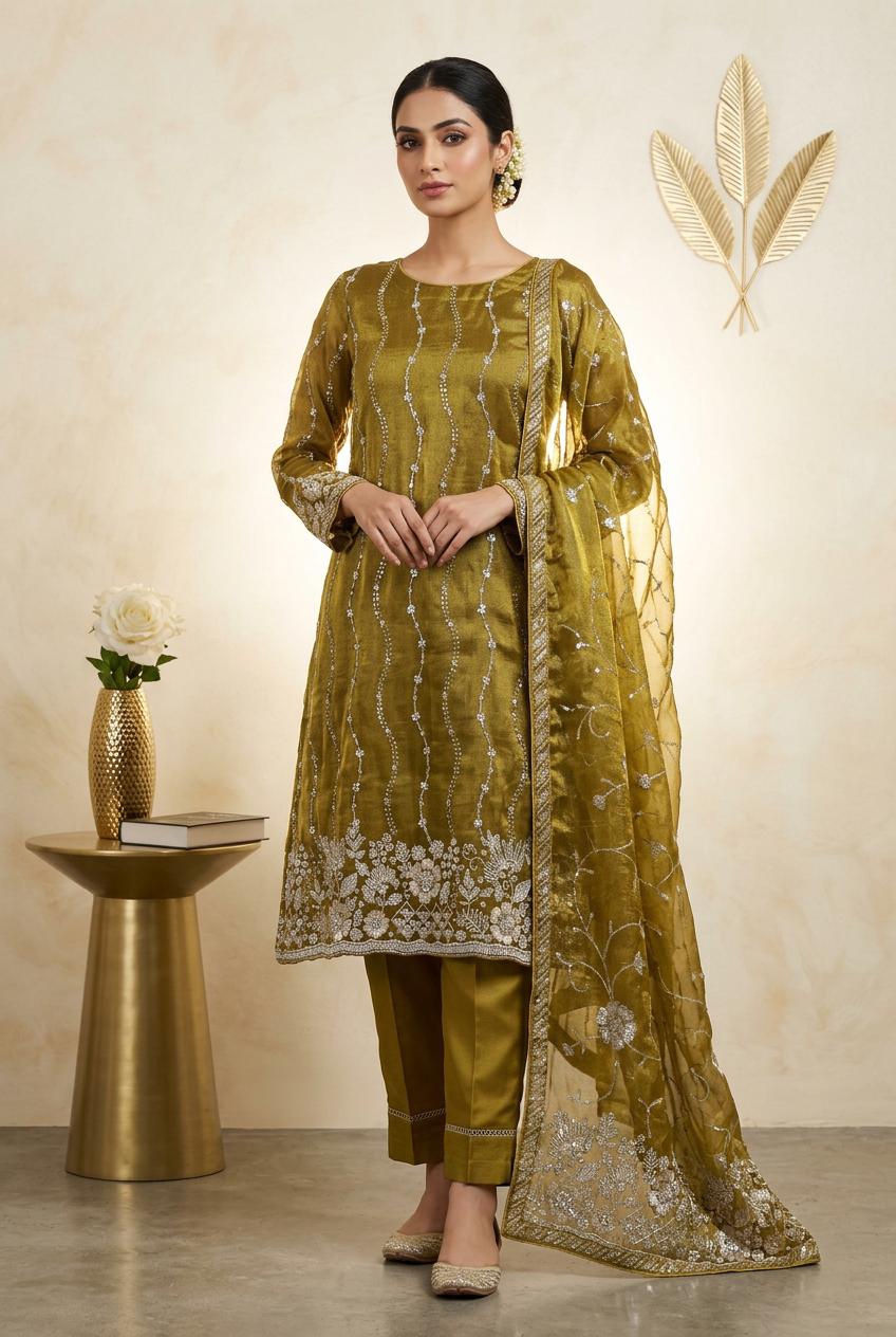 Mustard Gold Elegant viscouse soft Tissue unstich three peice suit