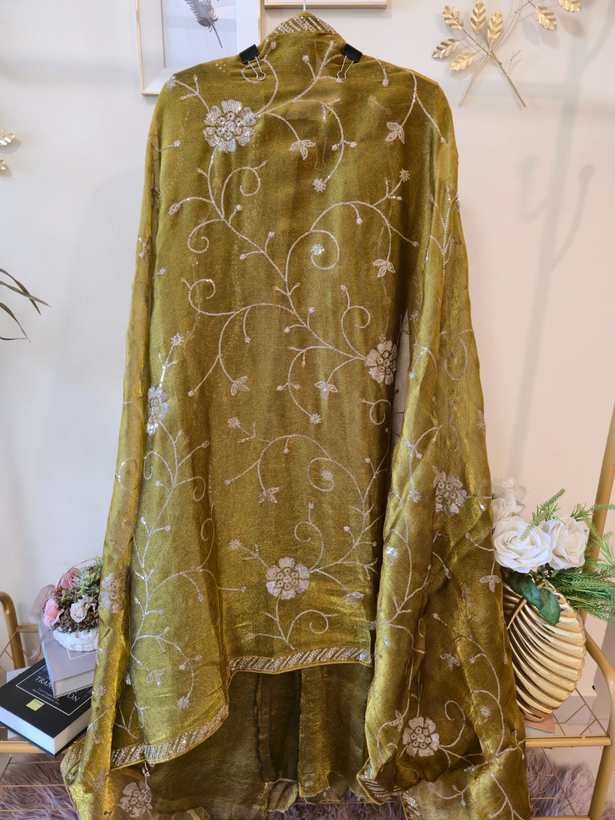 Mustard Gold Elegant viscouse soft Tissue unstich three peice suit - Image 3