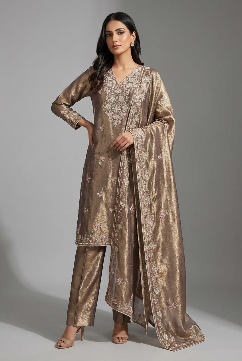 Mettalic Bronze Pure Shimmer silk unstich three peice suit