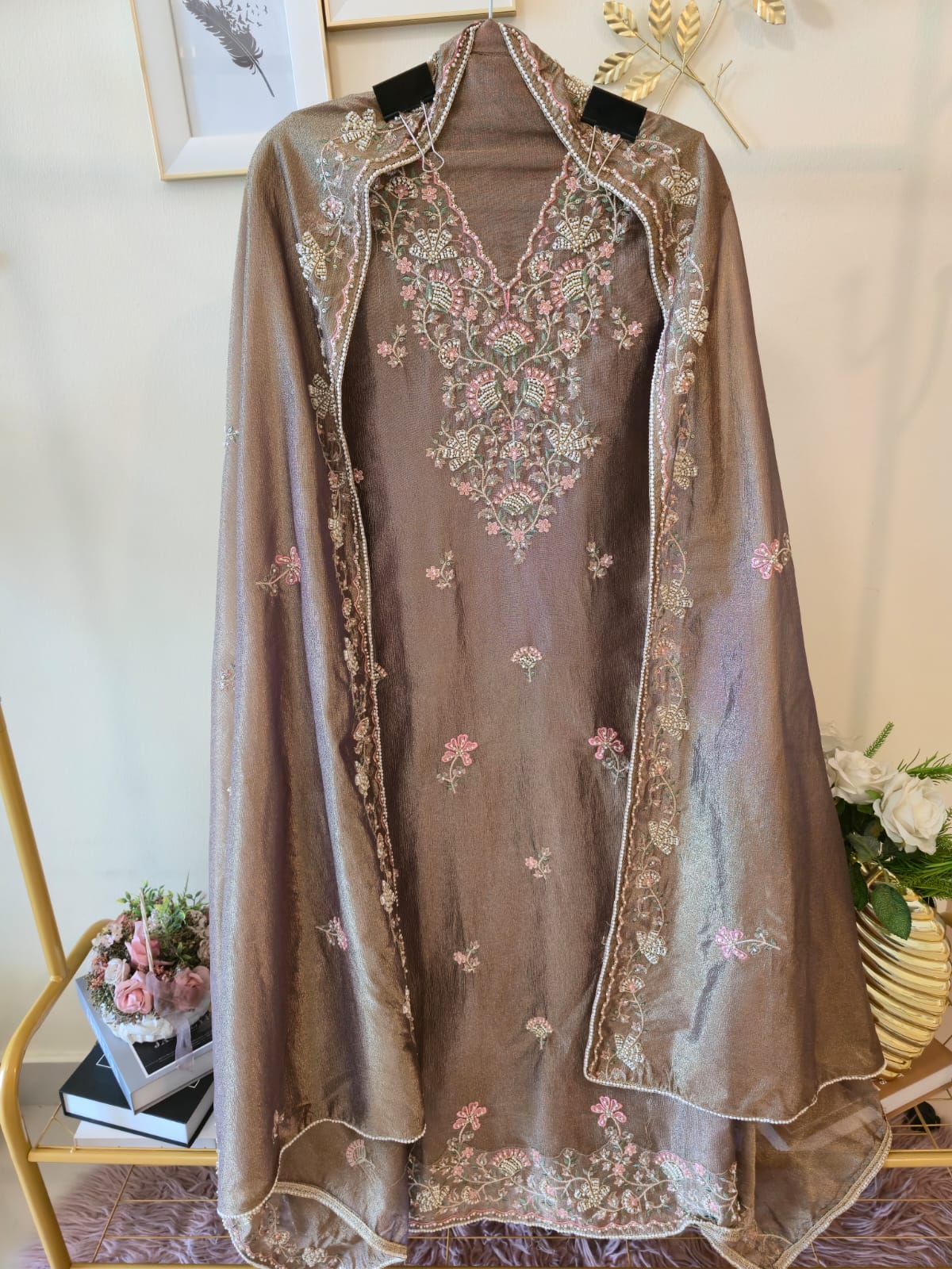 Mettalic Bronze Pure Shimmer silk unstich three peice suit - Image 3