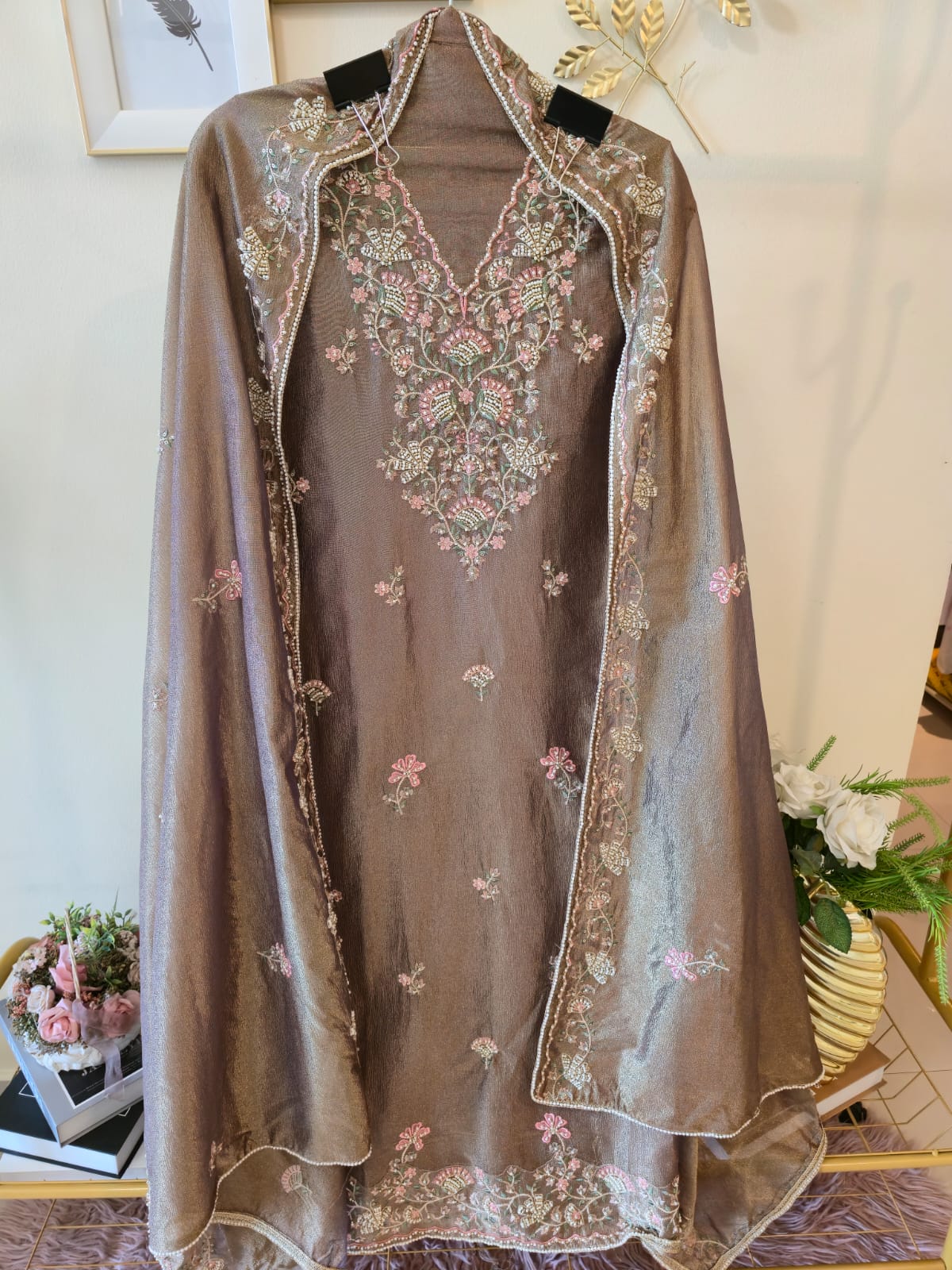 Mettalic Bronze Pure Shimmer silk unstich three peice suit - Image 4